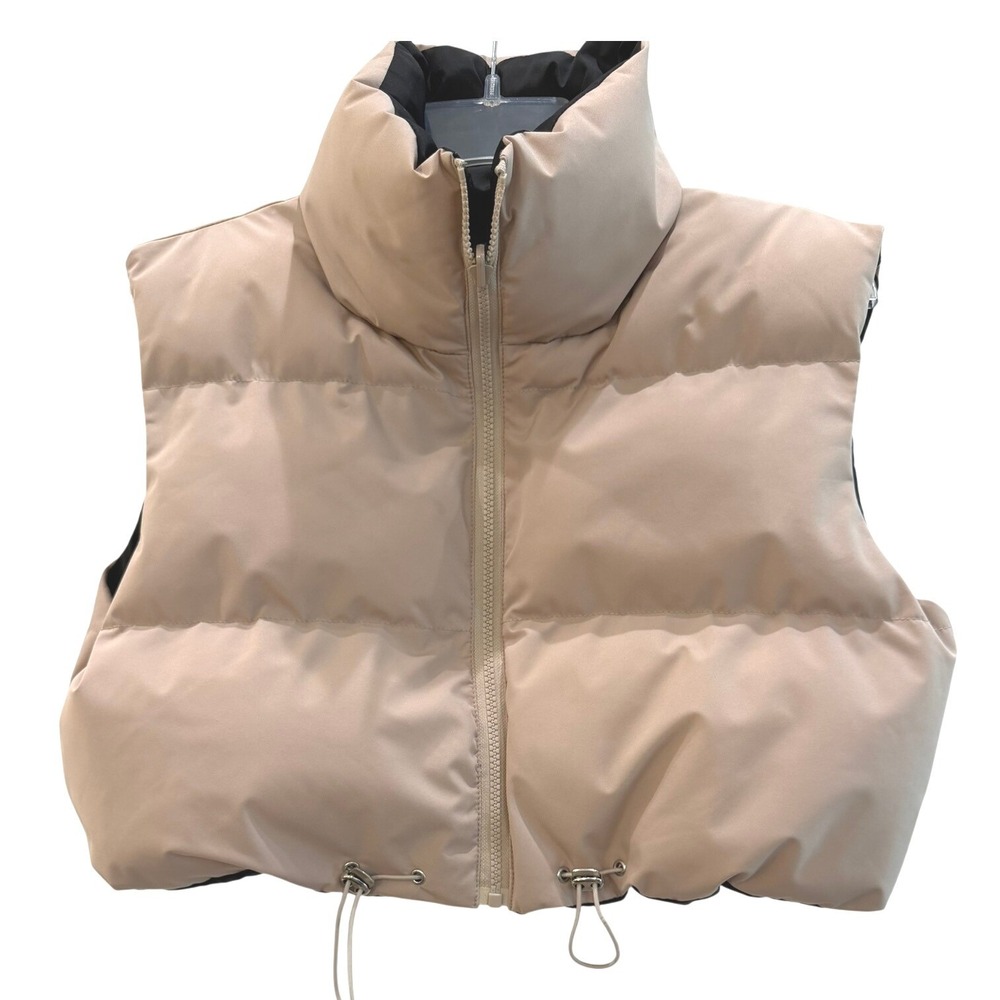 Womens Beige Cropped Puffer Vest Sleeveless Quilted Jacket High Neck Zip Up